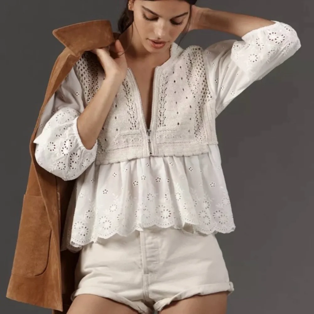 Anthropologie Half Zip Sweater Vest Eyelet Blouse Size S Like New